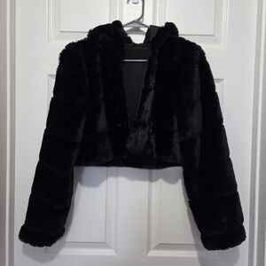Shein Black Cropped Faux Fur Open Front Hooded Teddy Jacket Size Petite Medium
